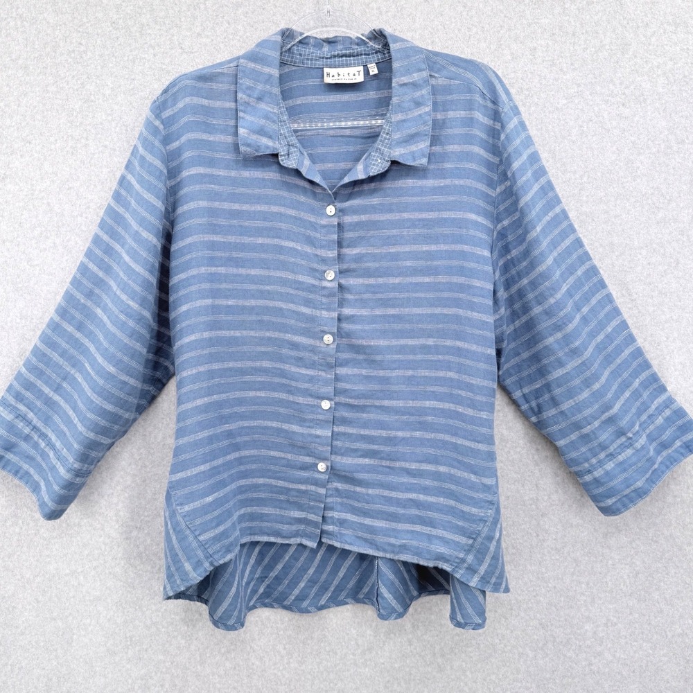 Habitat Button Up Women XL Blue Striped 100% Linen High Low 3/4 Sleeve Shirt